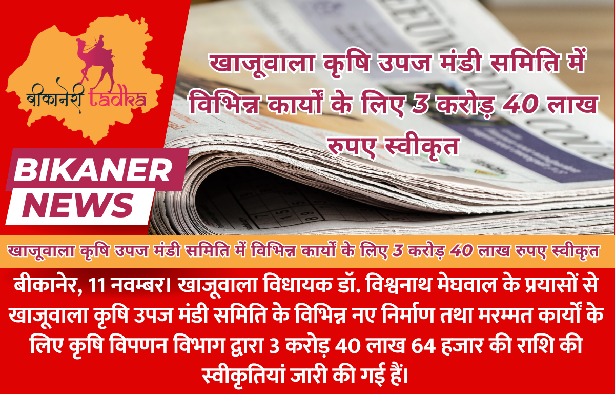 खाजूवाला कृषि उपज मंडी समिति में विभिन्न कार्यों के लिए 3 करोड़ 40 लाख रुपए स्वीकृत