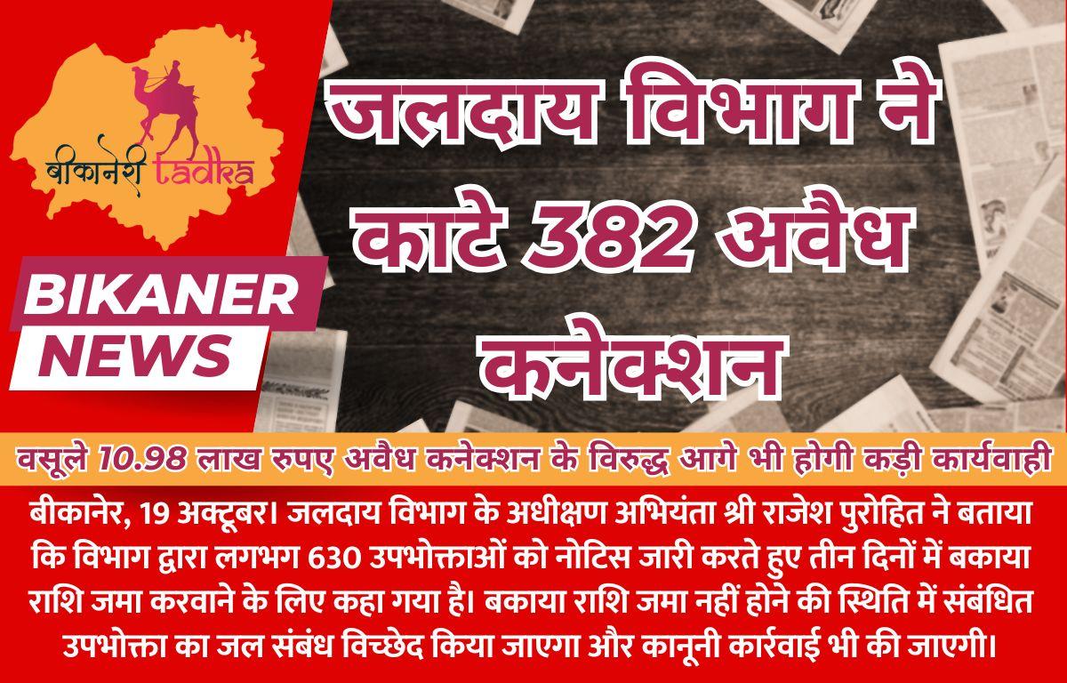 जलदाय विभाग ने काटे 382 अवैध कनेक्शन